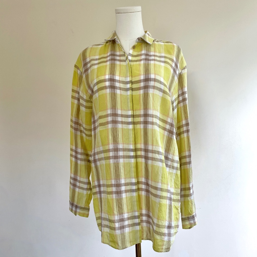 Lafayette 148 Womens M Plaid Linen Button Shirt Top Coastal Earthy Lagom Scandi